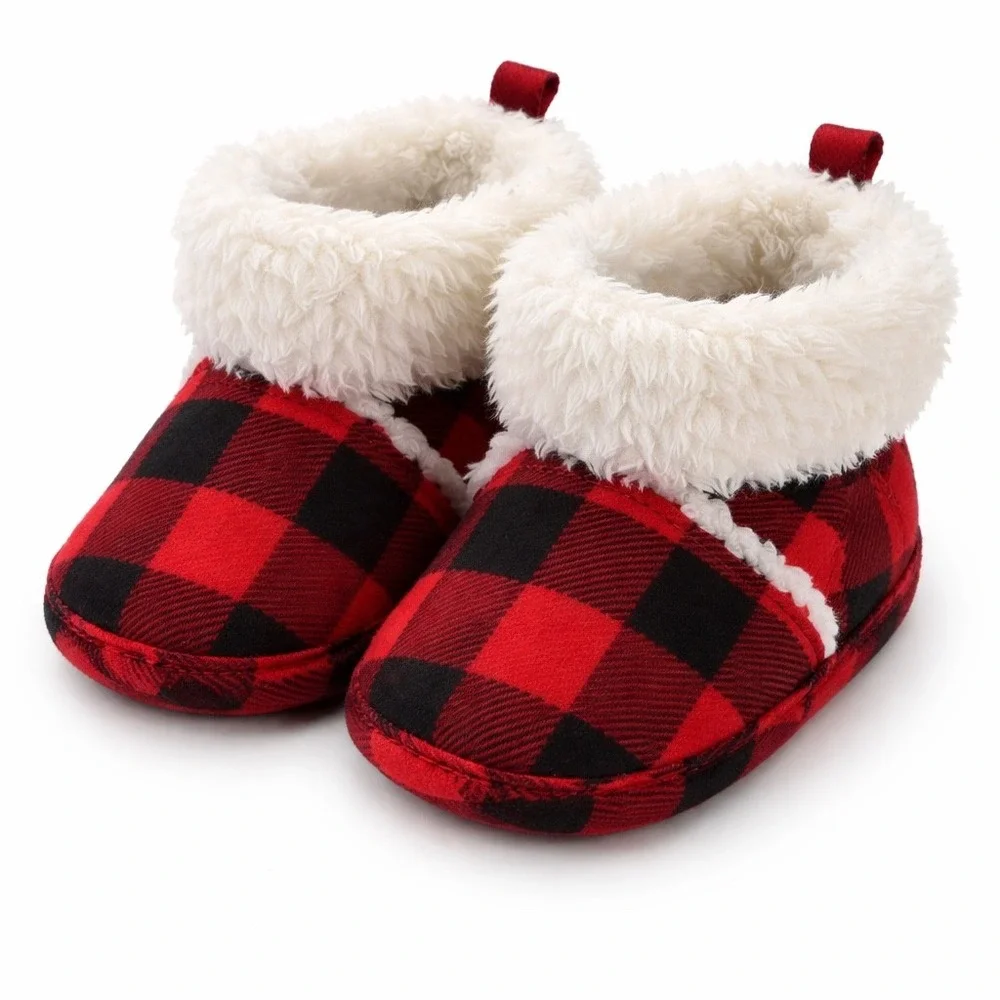 Just One You Carter's Red Plaid Holiday Baby Bootie Slippers 0-6M Faux Fur Trim